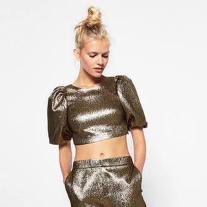 ✖️SOLD✖️ZARA Puff Sleeve Gold Metallic Crop Top M